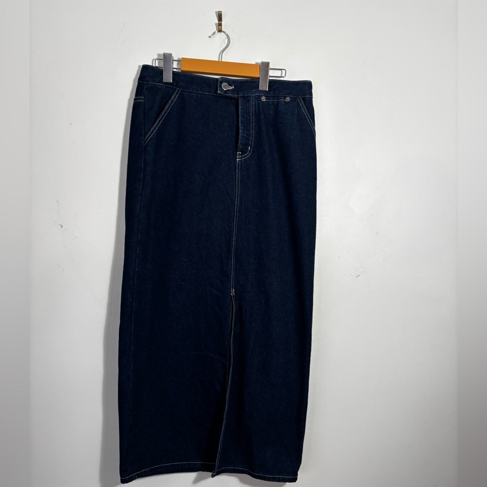 Contrast Minimalist Vintage Dark Blue Long Denim Skirt with Front Slit SZ 9/10